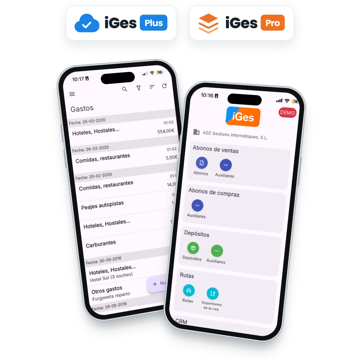 iGes Plus y Pro en la nube: menú principal y gastos en el móvil